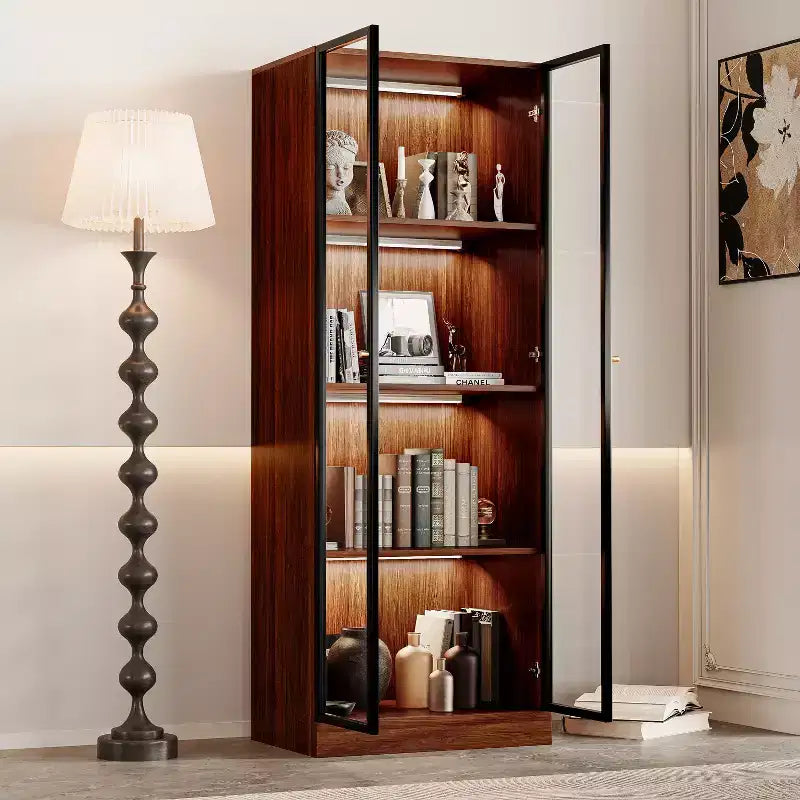 Vitrine en verre brun de 23,6 po, étagère de salle à manger en bois à 4 niveaux de style Mid-Century avec LED pour salon