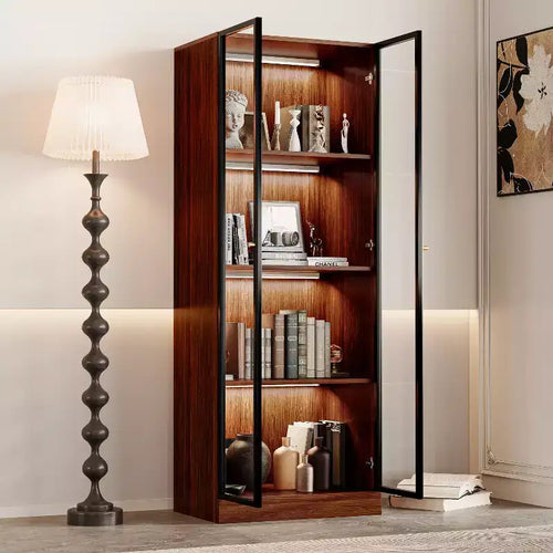Vitrine en verre brun de 23,6 po, étagère de salle à manger en bois à 4 niveaux de style Mid-Century avec LED pour salon