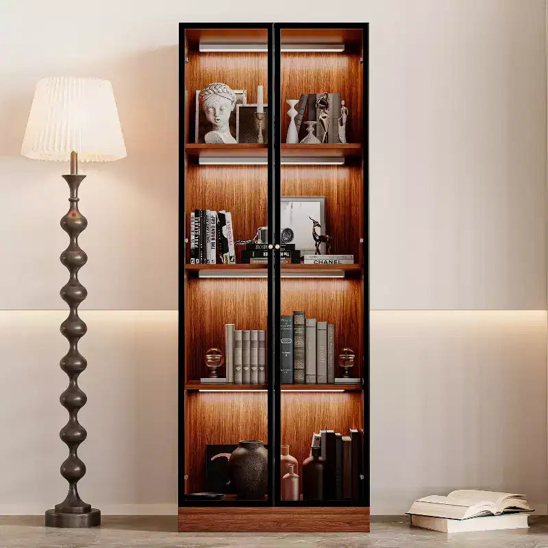 Vitrine en verre brun de 23,6 po, étagère de salle à manger en bois à 4 niveaux de style Mid-Century avec LED pour salon