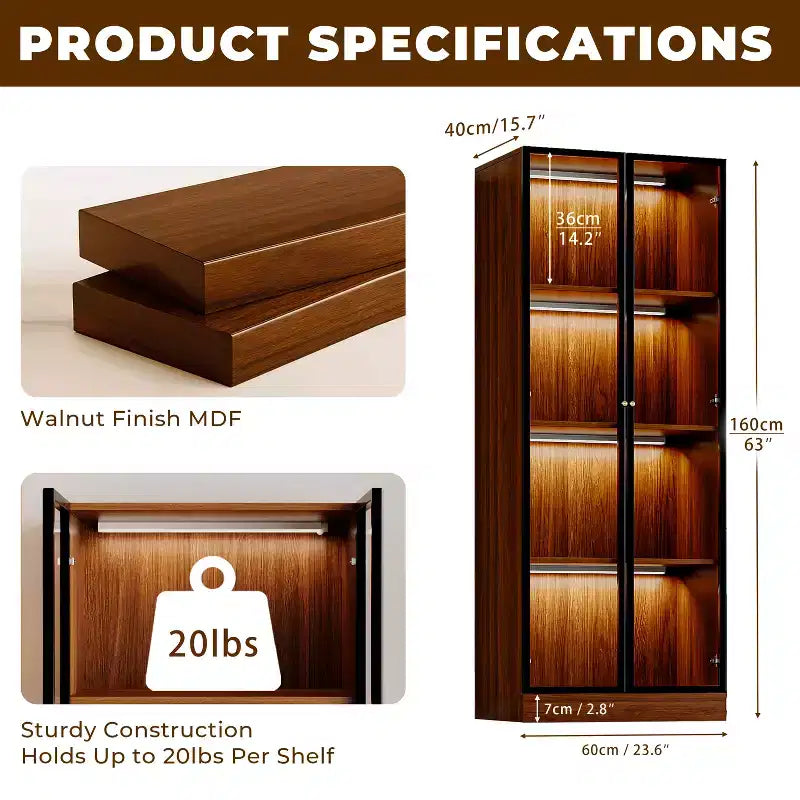 Vitrine en verre brun de 23,6 po, étagère de salle à manger en bois à 4 niveaux de style Mid-Century avec LED pour salon