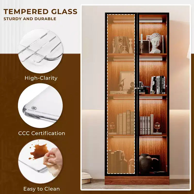 Vitrine en verre brun de 23,6 po, étagère de salle à manger en bois à 4 niveaux de style Mid-Century avec LED pour salon