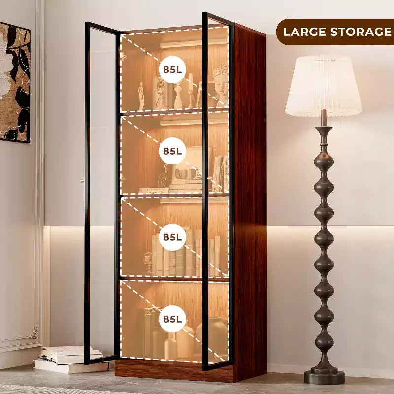 Vitrine en verre brun de 23,6 po, étagère de salle à manger en bois à 4 niveaux de style Mid-Century avec LED pour salon