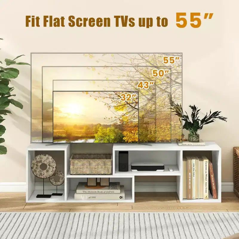 2 meubles TV ajustables avec cubes de rangement pour téléviseurs jusqu'à 55 pouces, blanc/noir