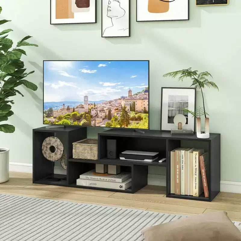 2 meubles TV ajustables avec cubes de rangement pour téléviseurs jusqu'à 55 pouces, blanc/noir