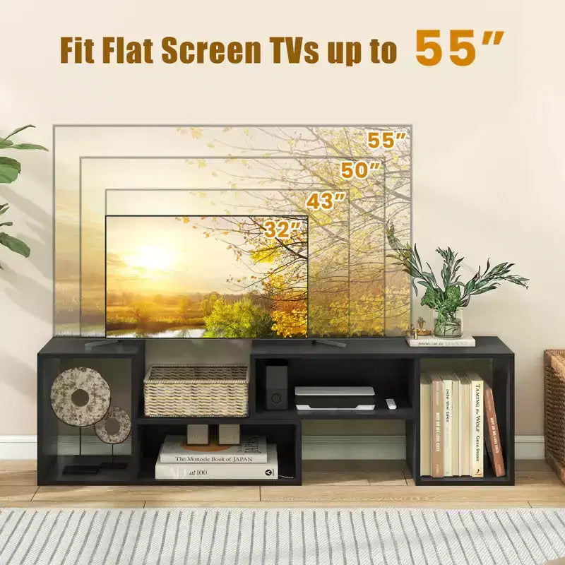 2 meubles TV ajustables avec cubes de rangement pour téléviseurs jusqu'à 55 pouces, blanc/noir