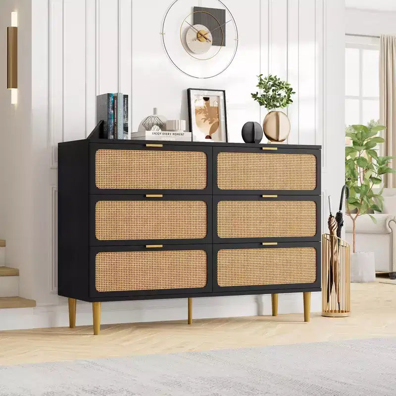 Commode 6 tiroirs en rotin pour chambre à coucher, grand buffet en bois avec tiroirs profonds, large rangement supérieur pour placard, salon, couloir