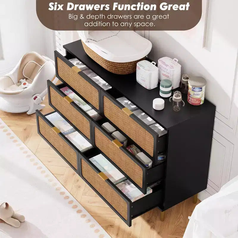 Commode 6 tiroirs en rotin pour chambre à coucher, grand buffet en bois avec tiroirs profonds, large rangement supérieur pour placard, salon, couloir
