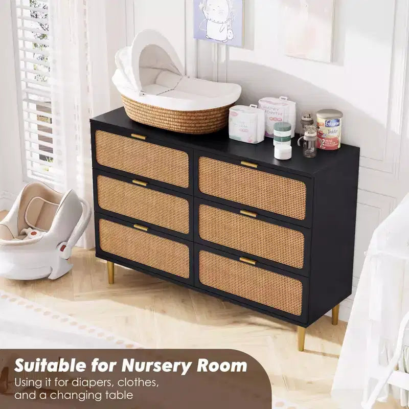 Commode 6 tiroirs en rotin pour chambre à coucher, grand buffet en bois avec tiroirs profonds, large rangement supérieur pour placard, salon, couloir