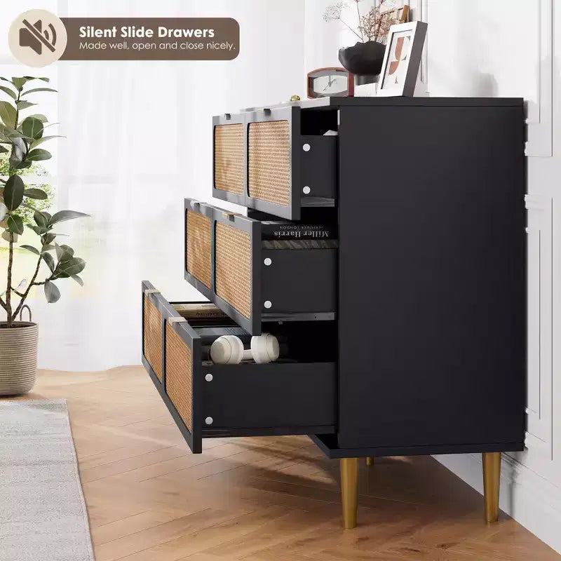 Commode 6 tiroirs en rotin pour chambre à coucher, grand buffet en bois avec tiroirs profonds, large rangement supérieur pour placard, salon, couloir