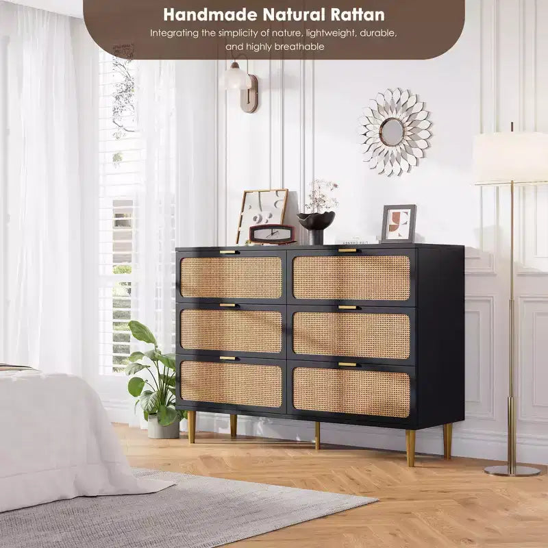 Commode 6 tiroirs en rotin pour chambre à coucher, grand buffet en bois avec tiroirs profonds, large rangement supérieur pour placard, salon, couloir