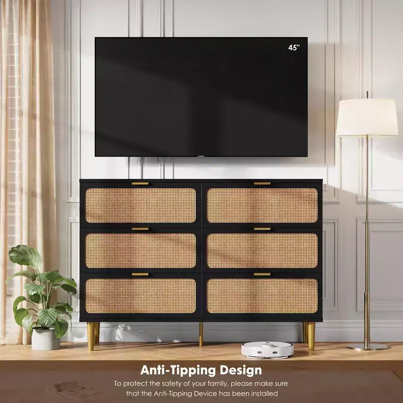 Commode 6 tiroirs en rotin pour chambre à coucher, grand buffet en bois avec tiroirs profonds, large rangement supérieur pour placard, salon, couloir