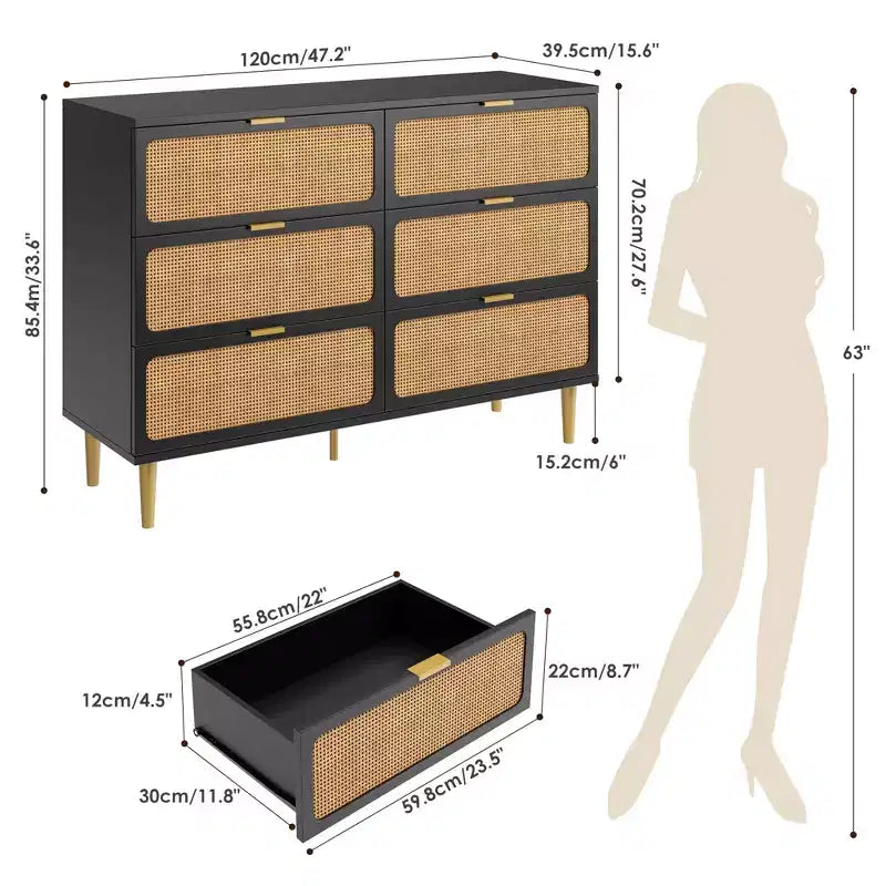Commode 6 tiroirs en rotin pour chambre à coucher, grand buffet en bois avec tiroirs profonds, large rangement supérieur pour placard, salon, couloir