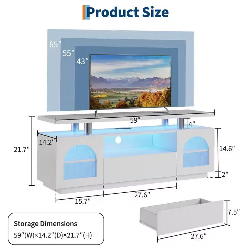 Meuble TV moderne avec prises de courant et lumières LED pour téléviseur 65", console média avec grand tiroir et étagères réglables, blanc