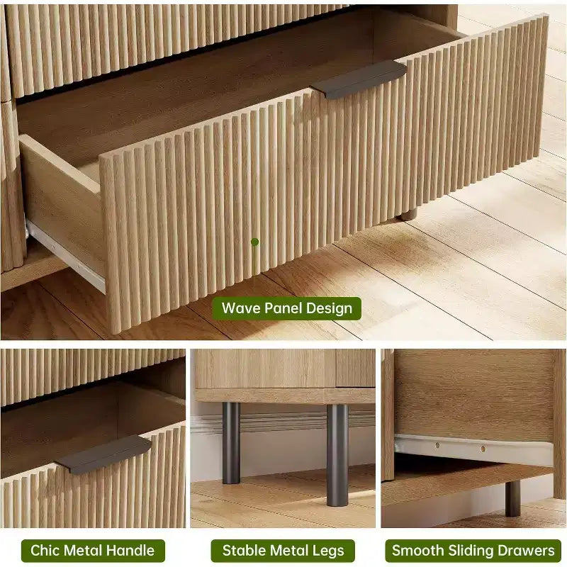 Commode cannelée à trois tiroirs, Meuble de rangement en bois avec tiroirs, Commode de rangement moderne avec pieds en métal, Dispositifs anti-basculement, Chambre, Salon