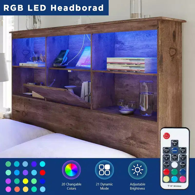 Cadre de lit avec tête de lit bibliothèque LED, lit de rangement en bois avec 4 tiroirs, station de recharge