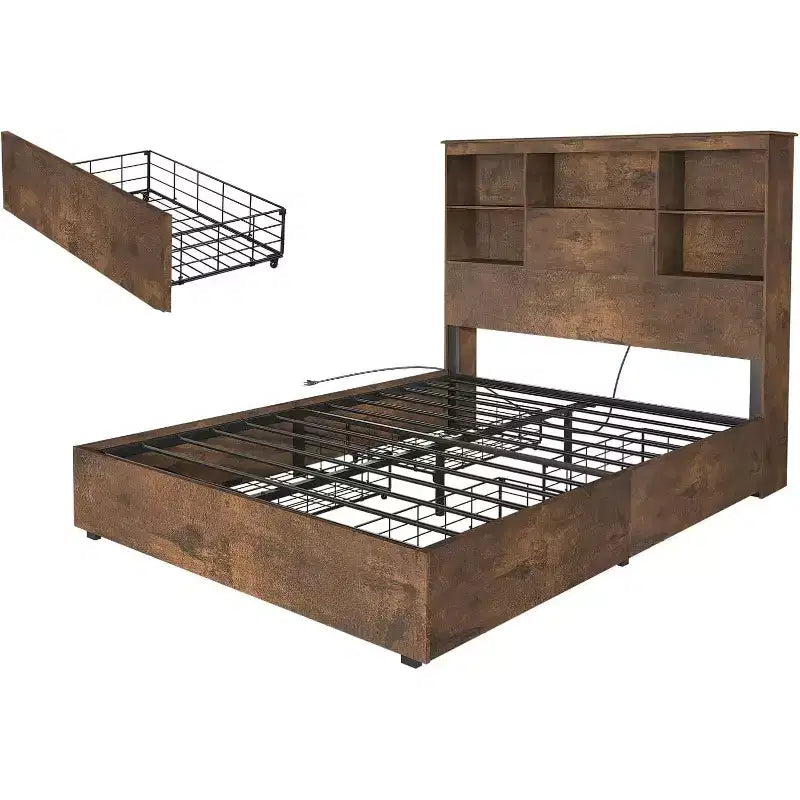 Cadre de lit avec tête de lit bibliothèque LED, lit de rangement en bois avec 4 tiroirs, station de recharge