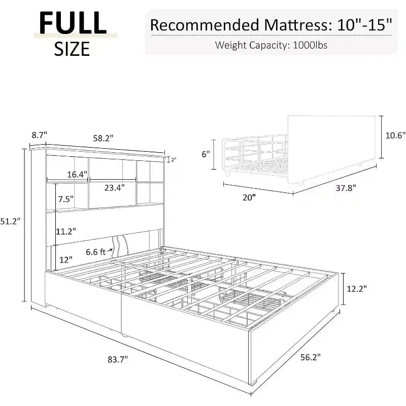 Cadre de lit avec tête de lit bibliothèque LED, lit de rangement en bois avec 4 tiroirs, station de recharge