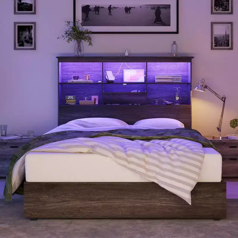 Cadre de lit avec tête de lit bibliothèque LED, lit de rangement en bois avec 4 tiroirs, station de recharge