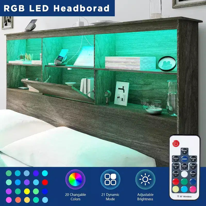 Cadre de lit avec tête de lit bibliothèque LED, lit de rangement en bois avec 4 tiroirs, station de recharge