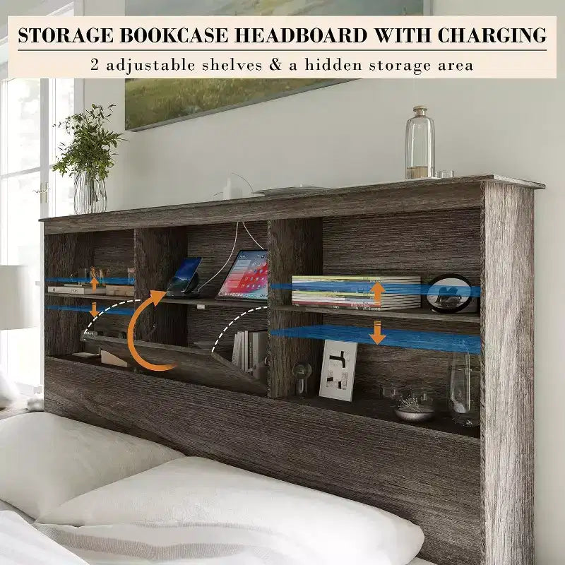 Cadre de lit avec tête de lit bibliothèque LED, lit de rangement en bois avec 4 tiroirs, station de recharge