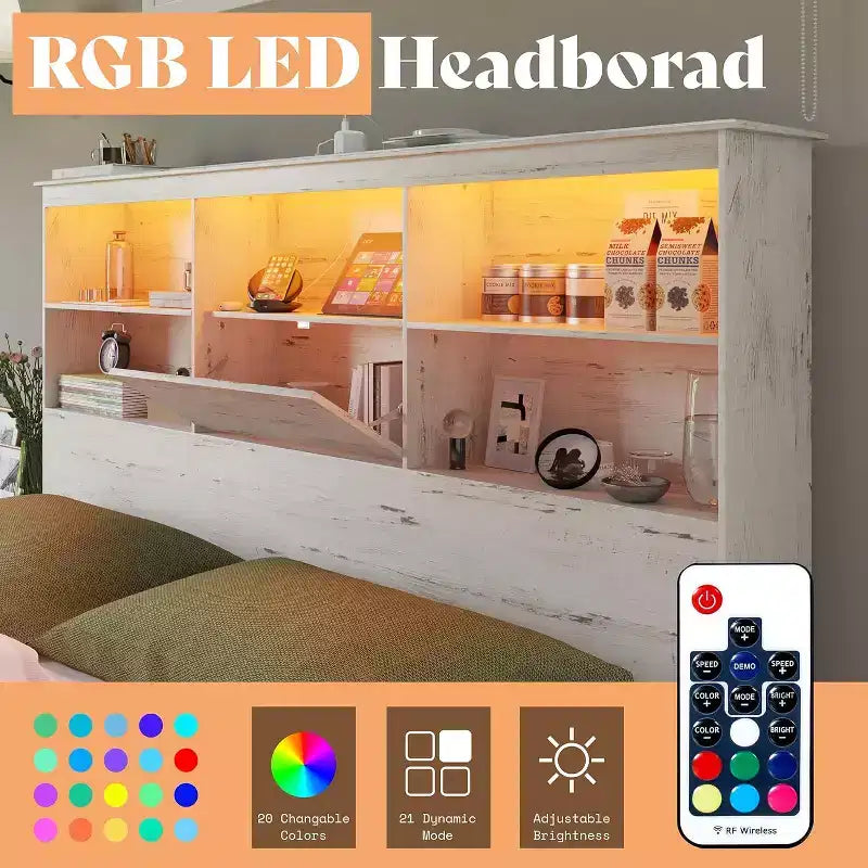 Cadre de lit avec tête de lit bibliothèque LED, lit de rangement en bois avec 4 tiroirs, station de recharge
