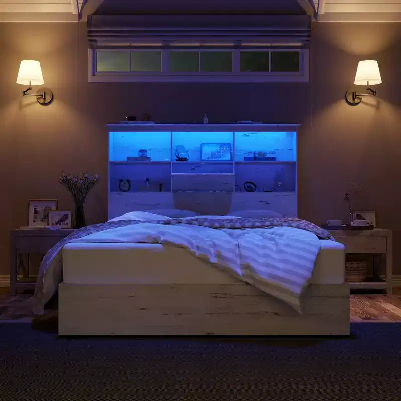 Cadre de lit avec tête de lit bibliothèque LED, lit de rangement en bois avec 4 tiroirs, station de recharge