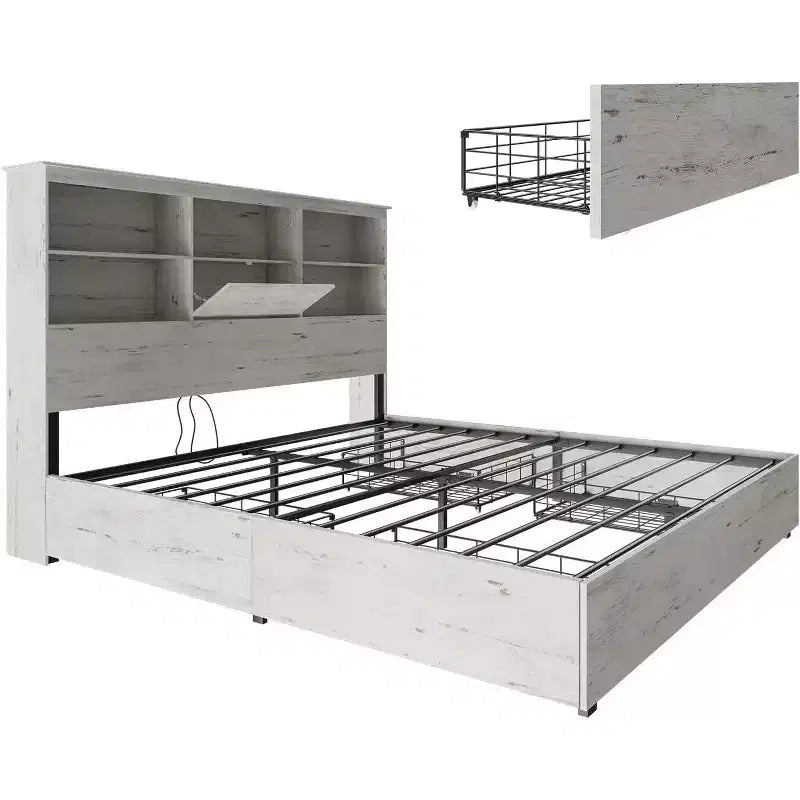 Cadre de lit avec tête de lit bibliothèque LED, lit de rangement en bois avec 4 tiroirs, station de recharge