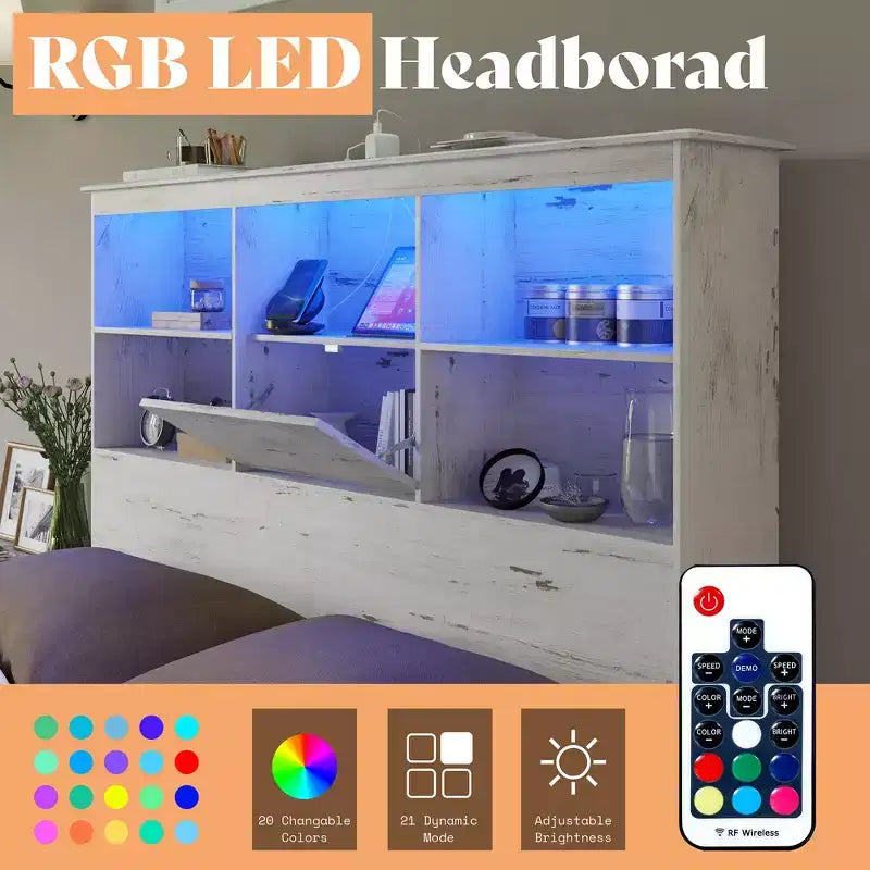 Cadre de lit avec tête de lit bibliothèque LED, lit de rangement en bois avec 4 tiroirs, station de recharge