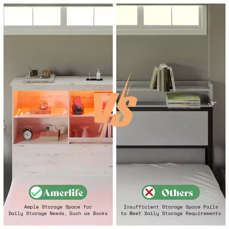 Cadre de lit avec tête de lit bibliothèque LED, lit de rangement en bois avec 4 tiroirs, station de recharge