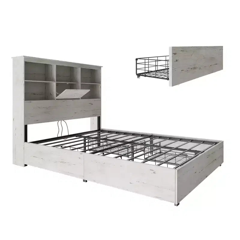 Cadre de lit avec tête de lit bibliothèque LED, lit de rangement en bois avec 4 tiroirs, station de recharge