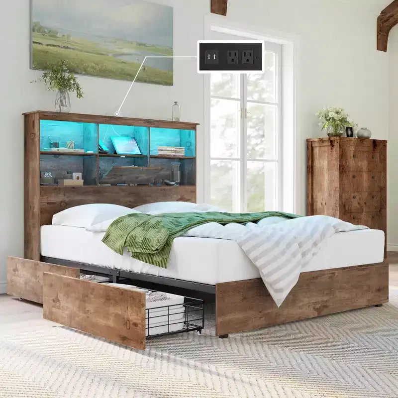 Cadre de lit avec tête de lit bibliothèque LED, lit de rangement en bois avec 4 tiroirs, station de recharge