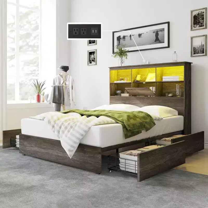 Cadre de lit avec tête de lit bibliothèque LED, lit de rangement en bois avec 4 tiroirs, station de recharge