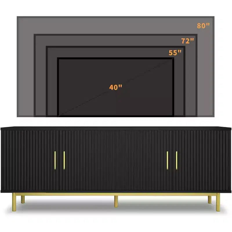 Meuble TV rainuré de 70 pouces, meuble de divertissement moderne avec portes rainurées et étagères réglables, blanc/noir