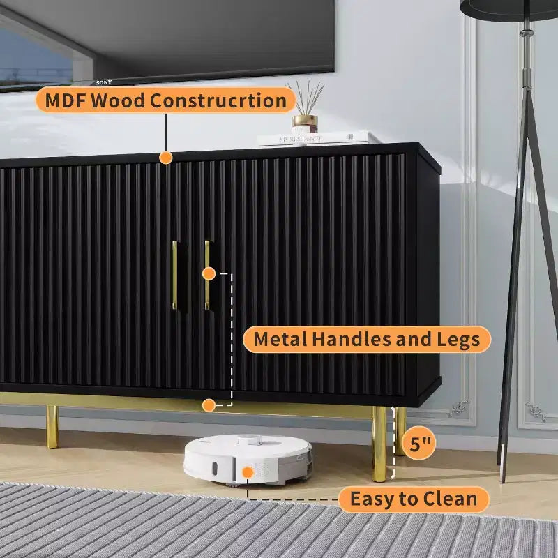 Meuble TV rainuré de 70 pouces, meuble de divertissement moderne avec portes rainurées et étagères réglables, blanc/noir