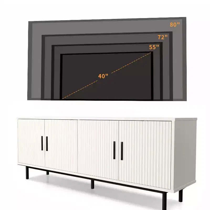 Meuble TV rainuré de 70 pouces, meuble de divertissement moderne avec portes rainurées et étagères réglables, blanc/noir