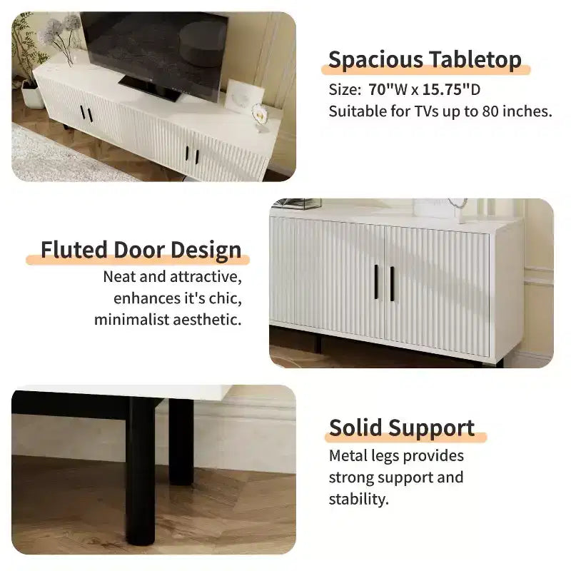 Meuble TV rainuré de 70 pouces, meuble de divertissement moderne avec portes rainurées et étagères réglables, blanc/noir