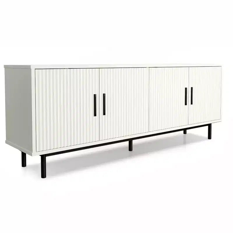 Meuble TV rainuré de 70 pouces, meuble de divertissement moderne avec portes rainurées et étagères réglables, blanc/noir