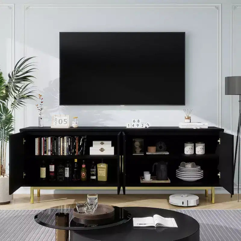 Meuble TV rainuré de 70 pouces, meuble de divertissement moderne avec portes rainurées et étagères réglables, blanc/noir