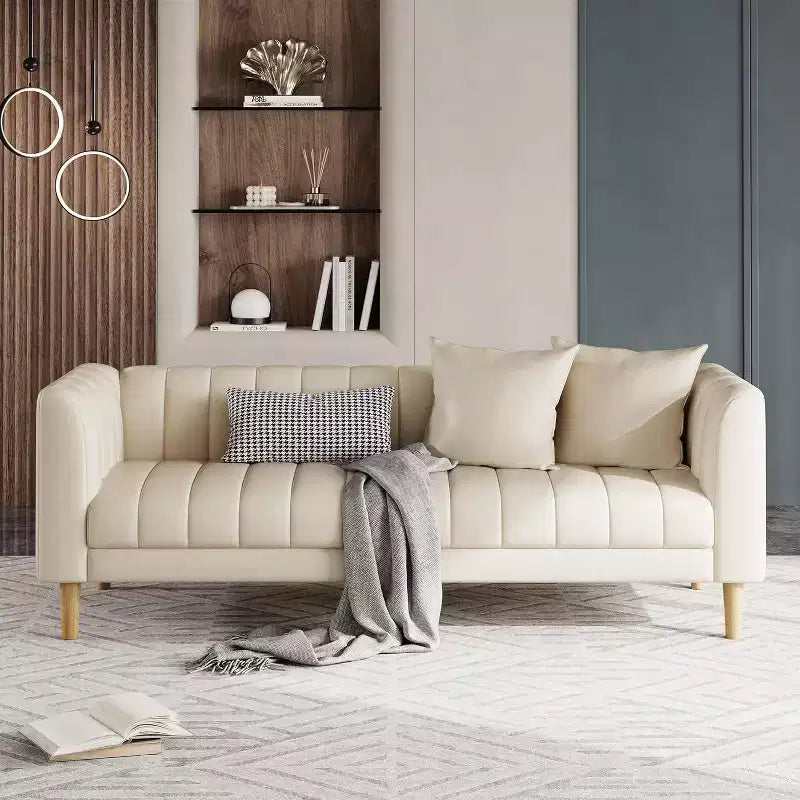 Canapé en similicuir, canapé moderne de 78" de large avec sièges profonds, canapé 3 places avec 2 coussins décoratifs et pieds en bois, pour salon