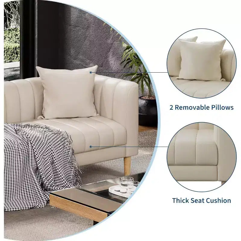 Canapé en similicuir, canapé moderne de 78" de large avec sièges profonds, canapé 3 places avec 2 coussins décoratifs et pieds en bois, pour salon