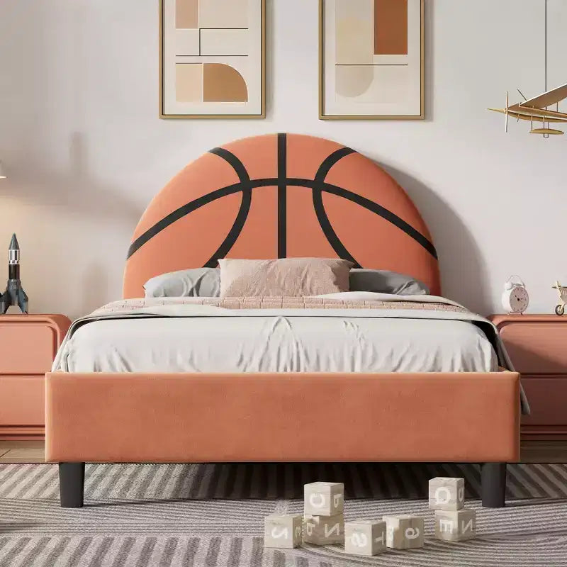 Lit plateforme double, cadre de lit rembourré style sport avec motif basketball pour garçons et filles, adolescents, orange
