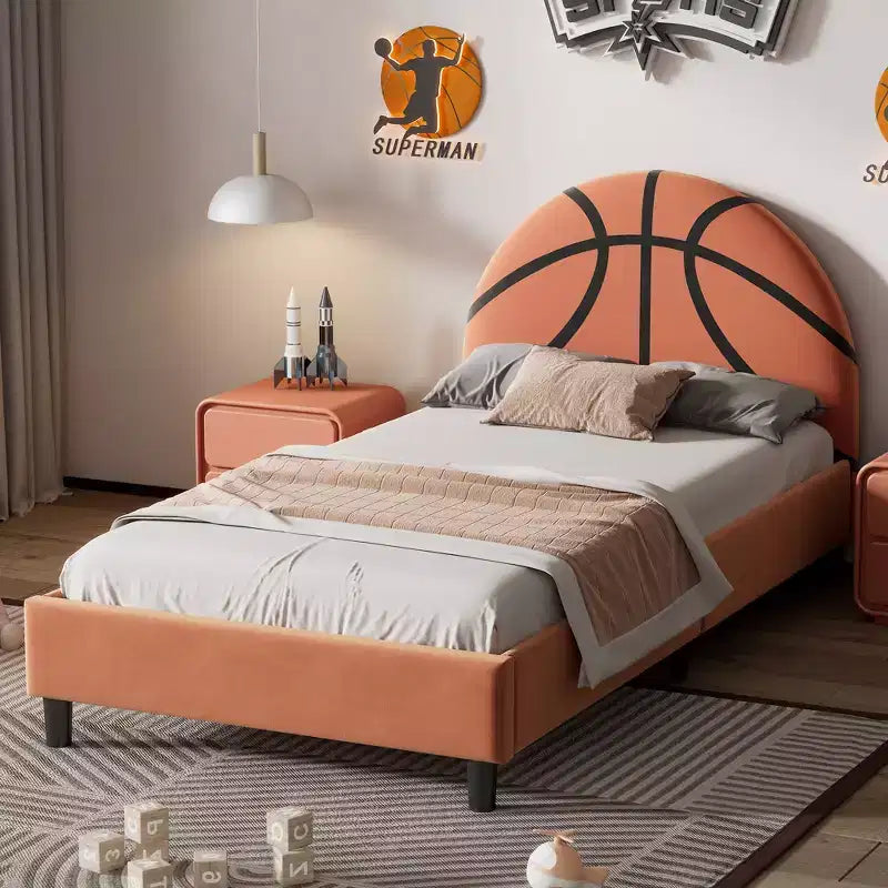 Lit plateforme double, cadre de lit rembourré style sport avec motif basketball pour garçons et filles, adolescents, orange