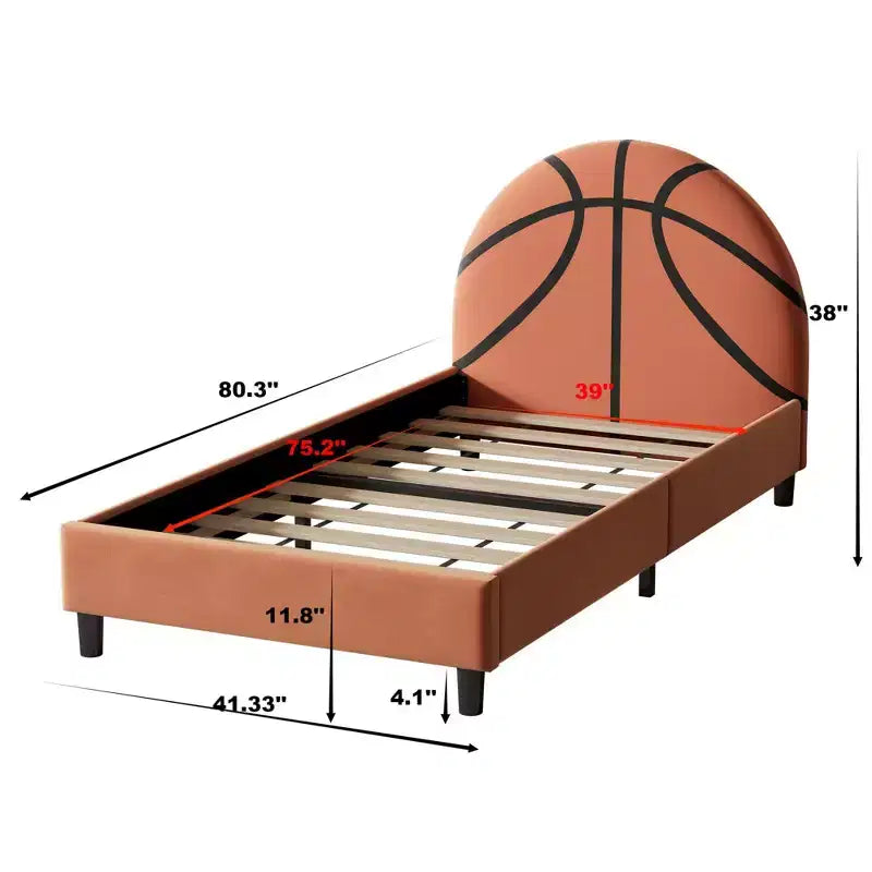 Lit plateforme double, cadre de lit rembourré style sport avec motif basketball pour garçons et filles, adolescents, orange