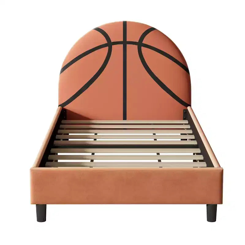 Lit plateforme double, cadre de lit rembourré style sport avec motif basketball pour garçons et filles, adolescents, orange