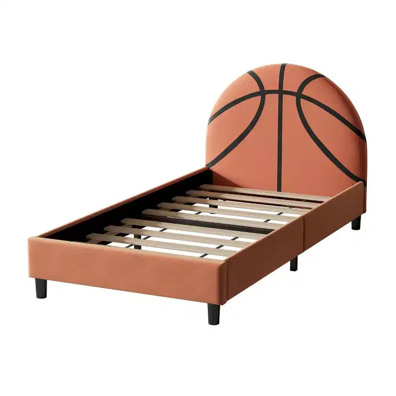 Lit plateforme double, cadre de lit rembourré style sport avec motif basketball pour garçons et filles, adolescents, orange