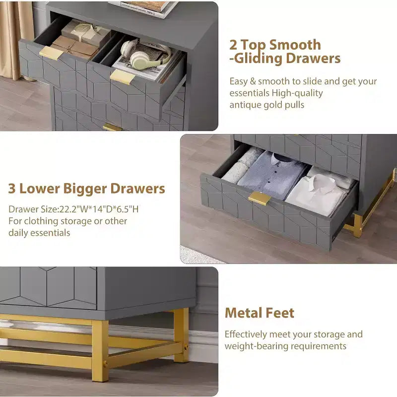 Commode à cinq tiroirs et pieds en métal
