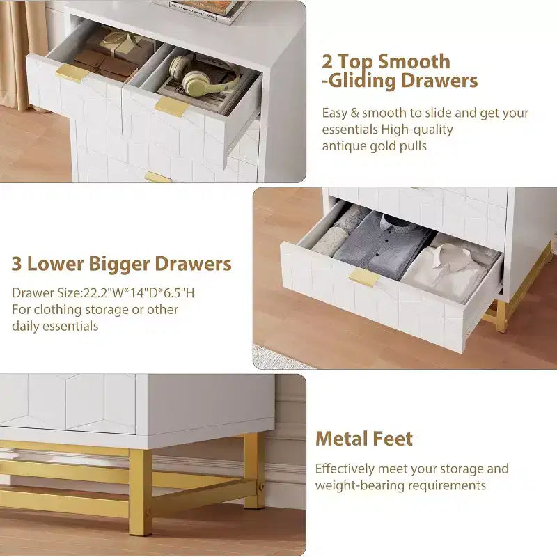 Commode à cinq tiroirs et pieds en métal