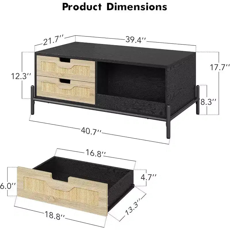 Table basse en rotin de style fermier avec 2 tiroirs, armoire de rangement et étagère ouverte, table d'appoint rectangulaire à cadre métallique, noir et chêne