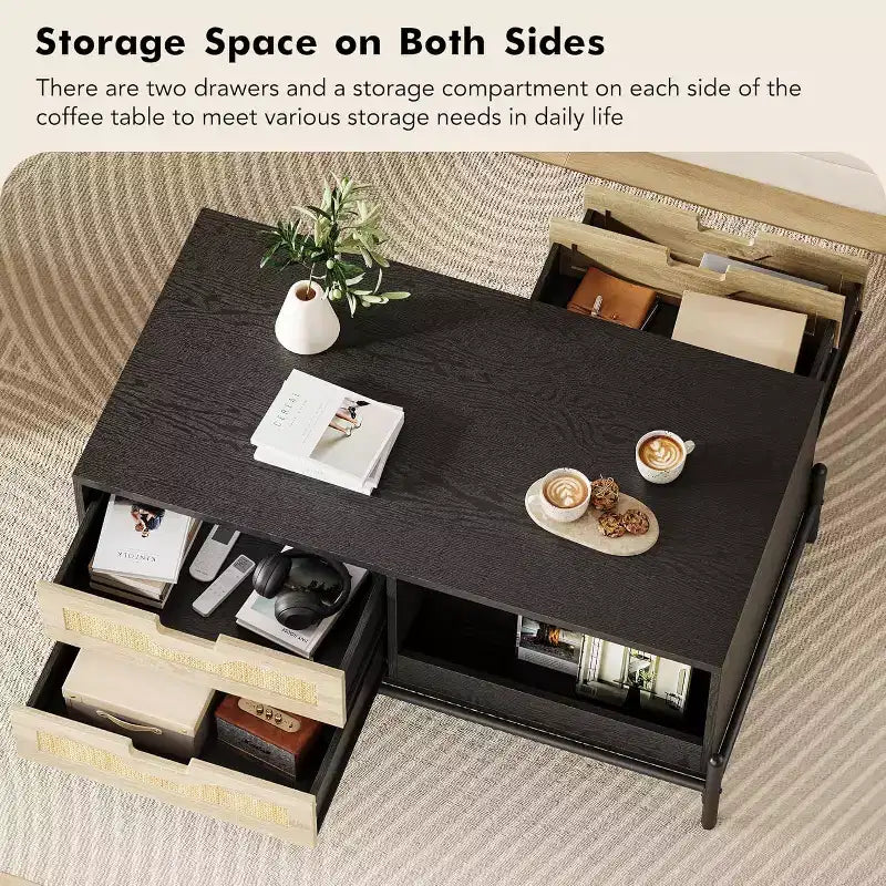 Table basse en rotin de style fermier avec 2 tiroirs, armoire de rangement et étagère ouverte, table d'appoint rectangulaire à cadre métallique, noir et chêne