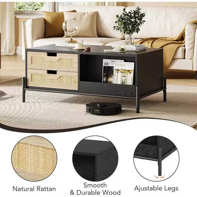 Table basse en rotin de style fermier avec 2 tiroirs, armoire de rangement et étagère ouverte, table d'appoint rectangulaire à cadre métallique, noir et chêne